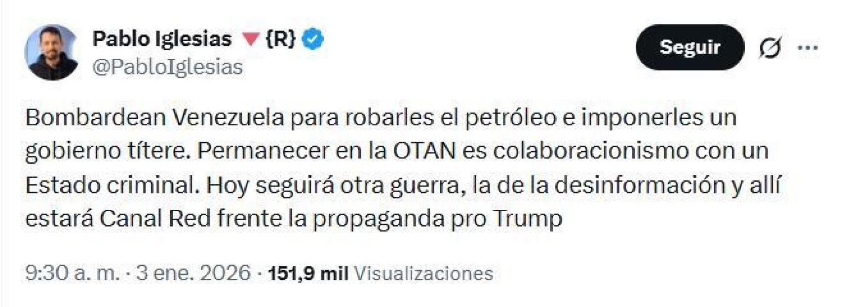 El mensaje sobre Venezuela difundido este sábado por Pablo Iglesias.