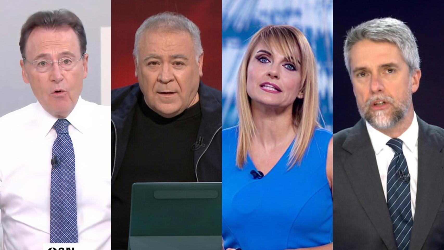 Matías Prats en 'Antena 3 Noticias', Antonio García Ferreras en 'Al Rojo Vivo', Lourdes Maldonado en 'Telediario Fin de Semana' y Carlos Franganillo en 'Informativos Telecinco'.