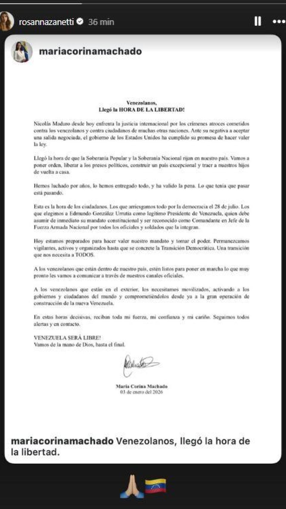 Rosanna Zanetti, en sus redes sociales, comparte la carta de María Corina Machado tras la detención de Maduro.