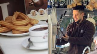 Montaje con una imagen de una churrería y una imagen de Moisés.