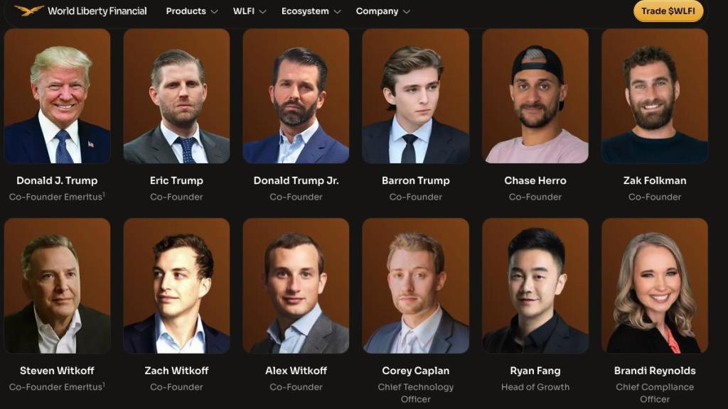 Fragment of the World Liberty Financial website in which the big faces behind the project are revealed