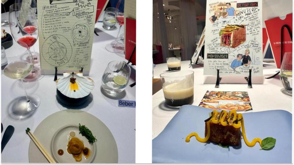 Dcha: la ficha con la receta de su salsa XO. Izda: La ficha que ilustra los minutejos del Agus, y sobre la mesa la que acompaña al coctel sin alcohol.