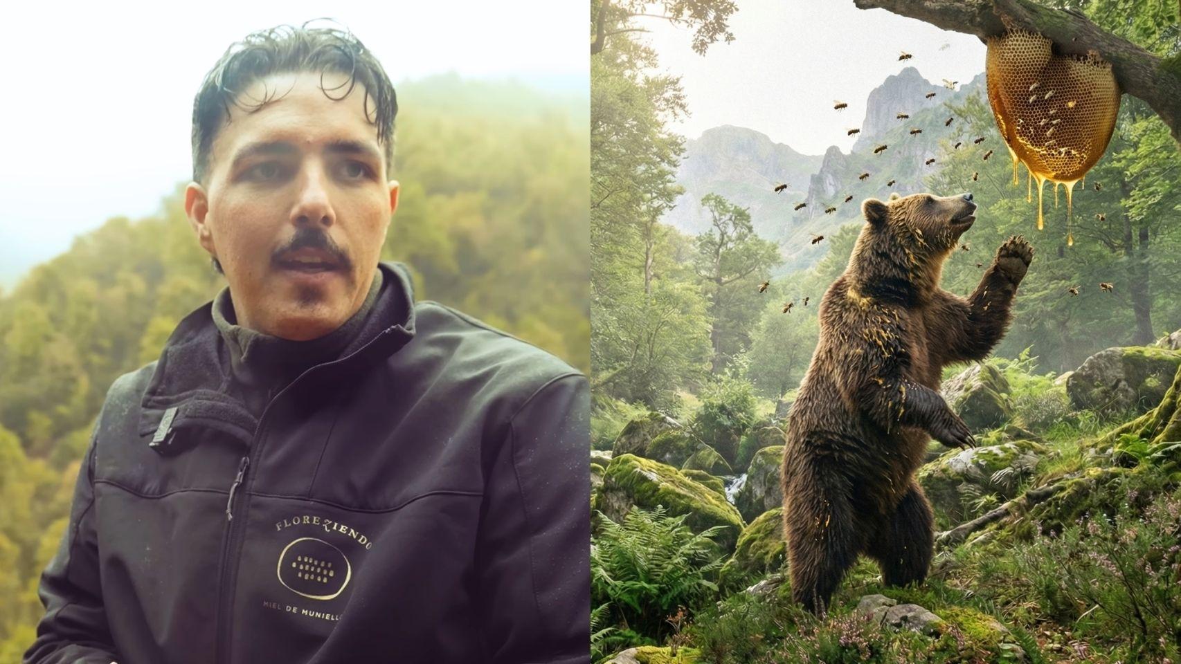 Adrián (33), apicultor en las montañas asturianas, en un montaje de El Español