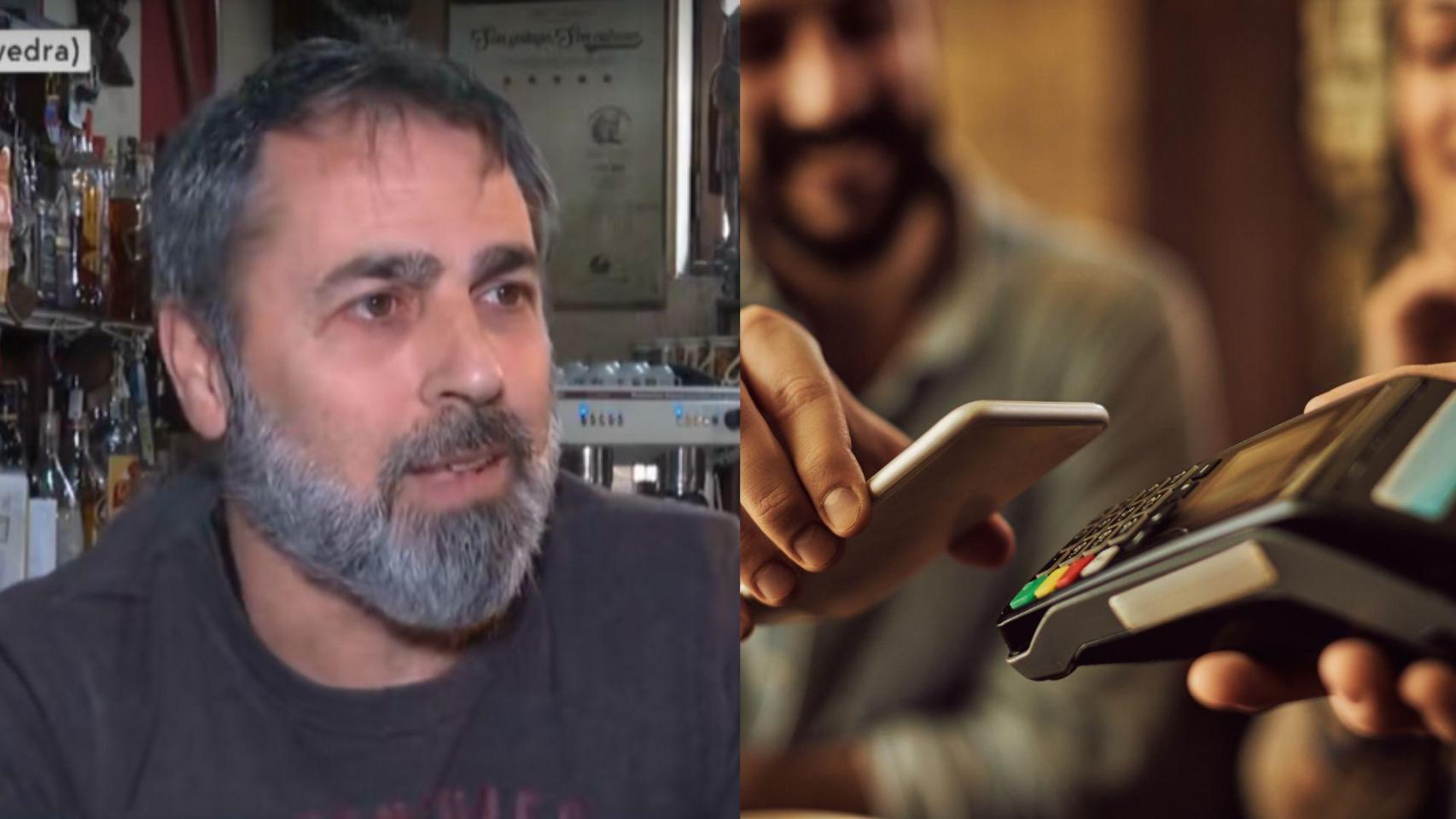 Montaje con una imagen de Fernando y una imagen de archivo de un pago con tarjeta.