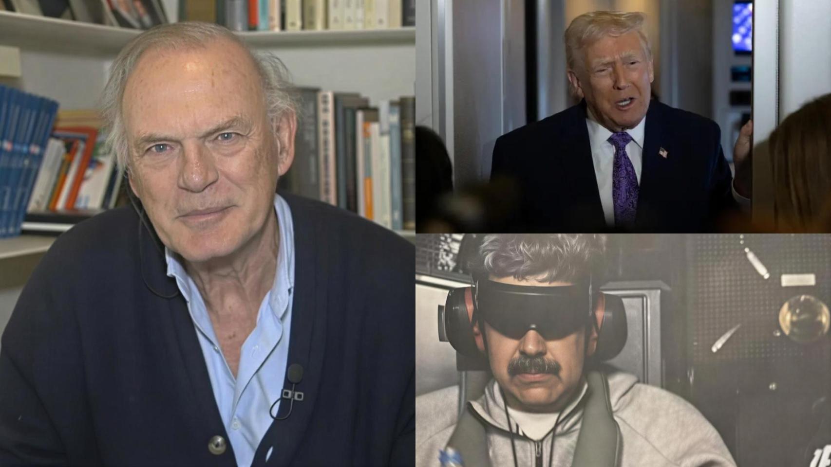 Pedro Piqueras en 'Mañaneros' e imágenes de archivo de Donald Trump y Nicolás Maduro.