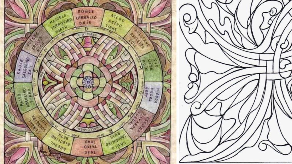 A la izquierda, diseño final del calendario celta. A la derecha, detalle del diseño para la plaza de María Pita. Ambas de Rosa Guisán.