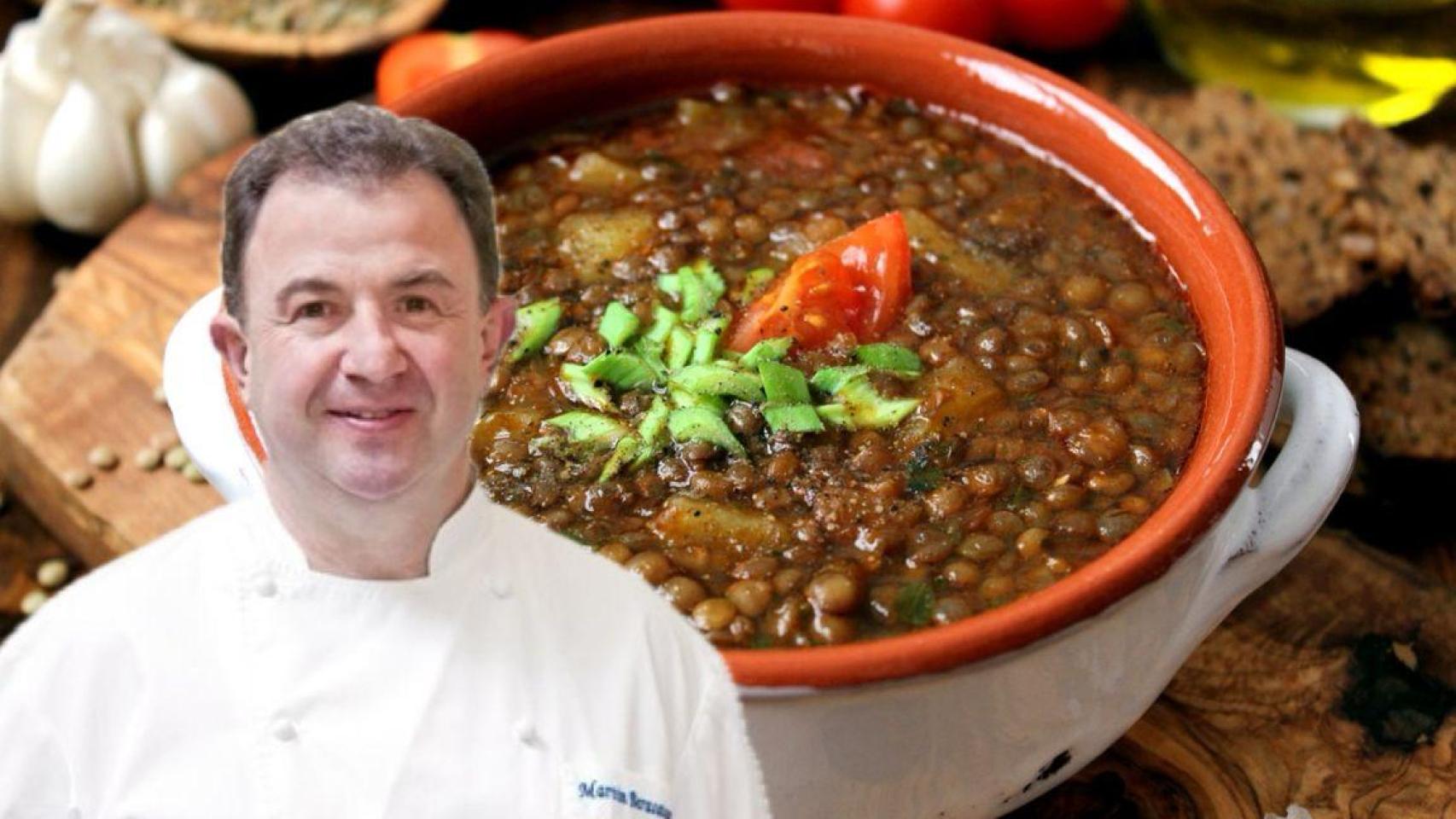 Martín Berasategui junto a un plato de lentejas.