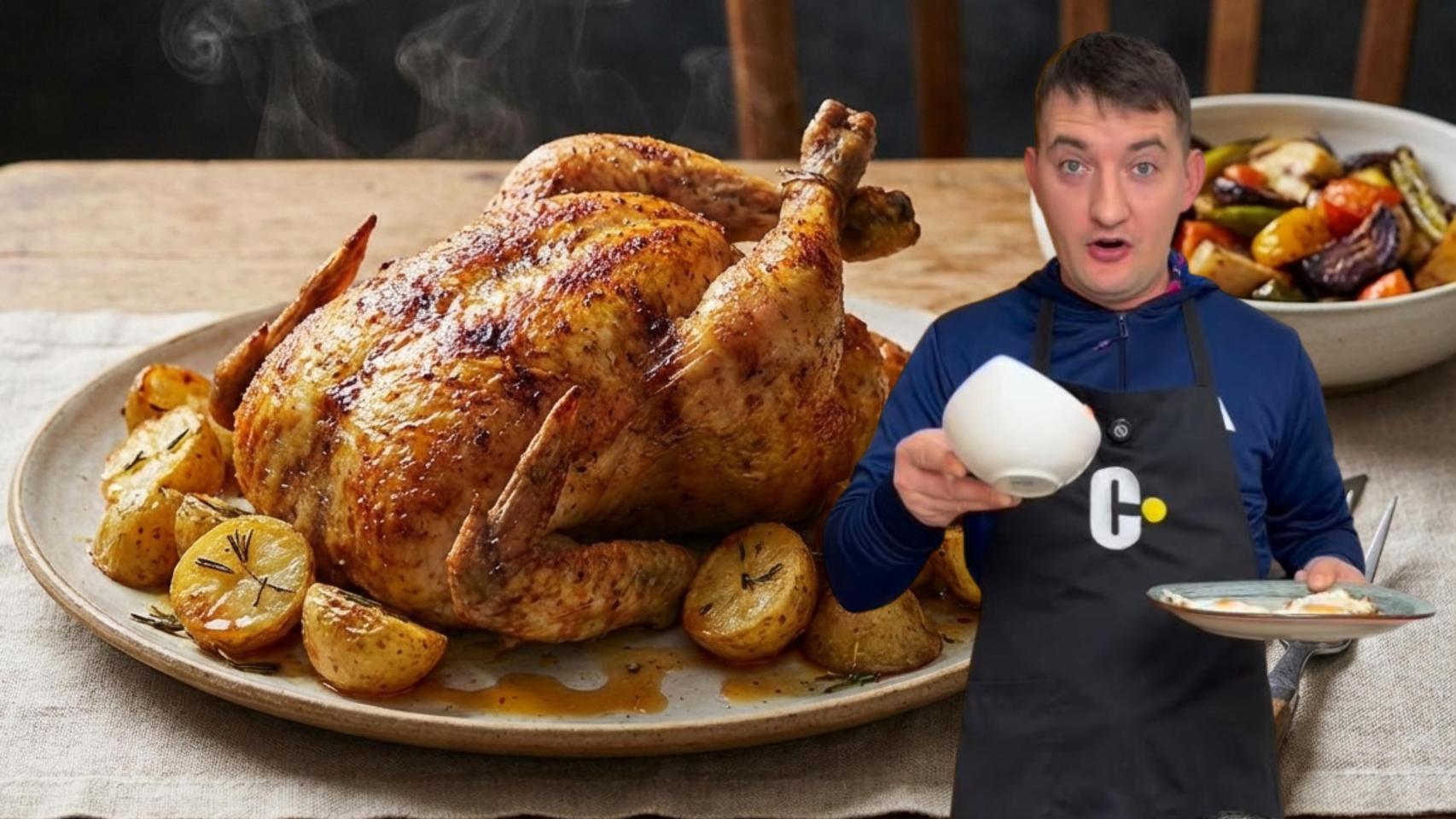 Montaje de EL ESPAÑOL de Castilla y León con Engi y un pollo asado