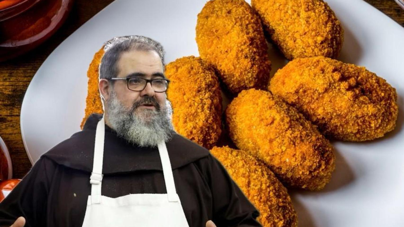 Fray Ángel junto a un plato de croquetas.