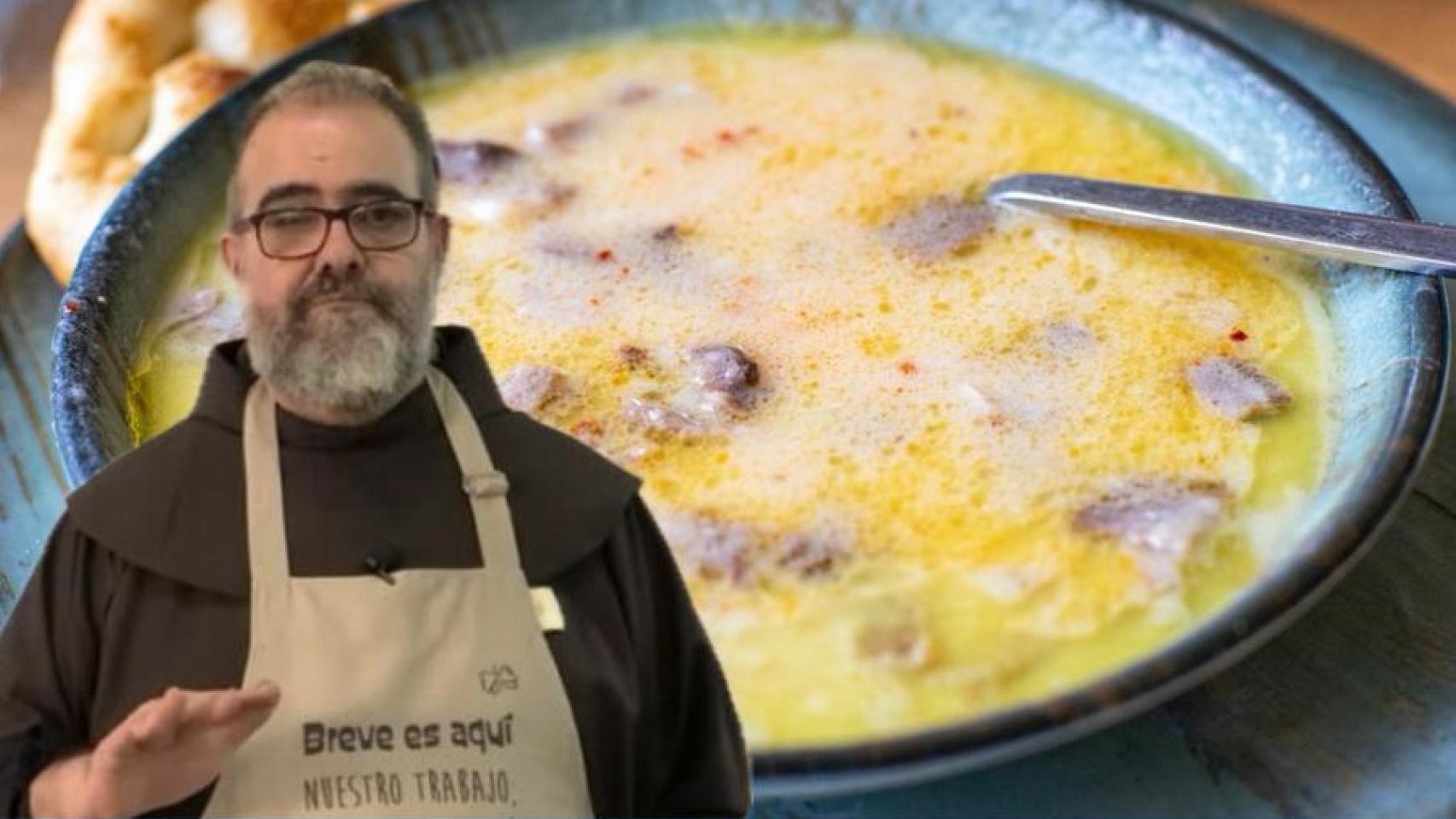 Fray Ángel junto a una sopa de ajo.