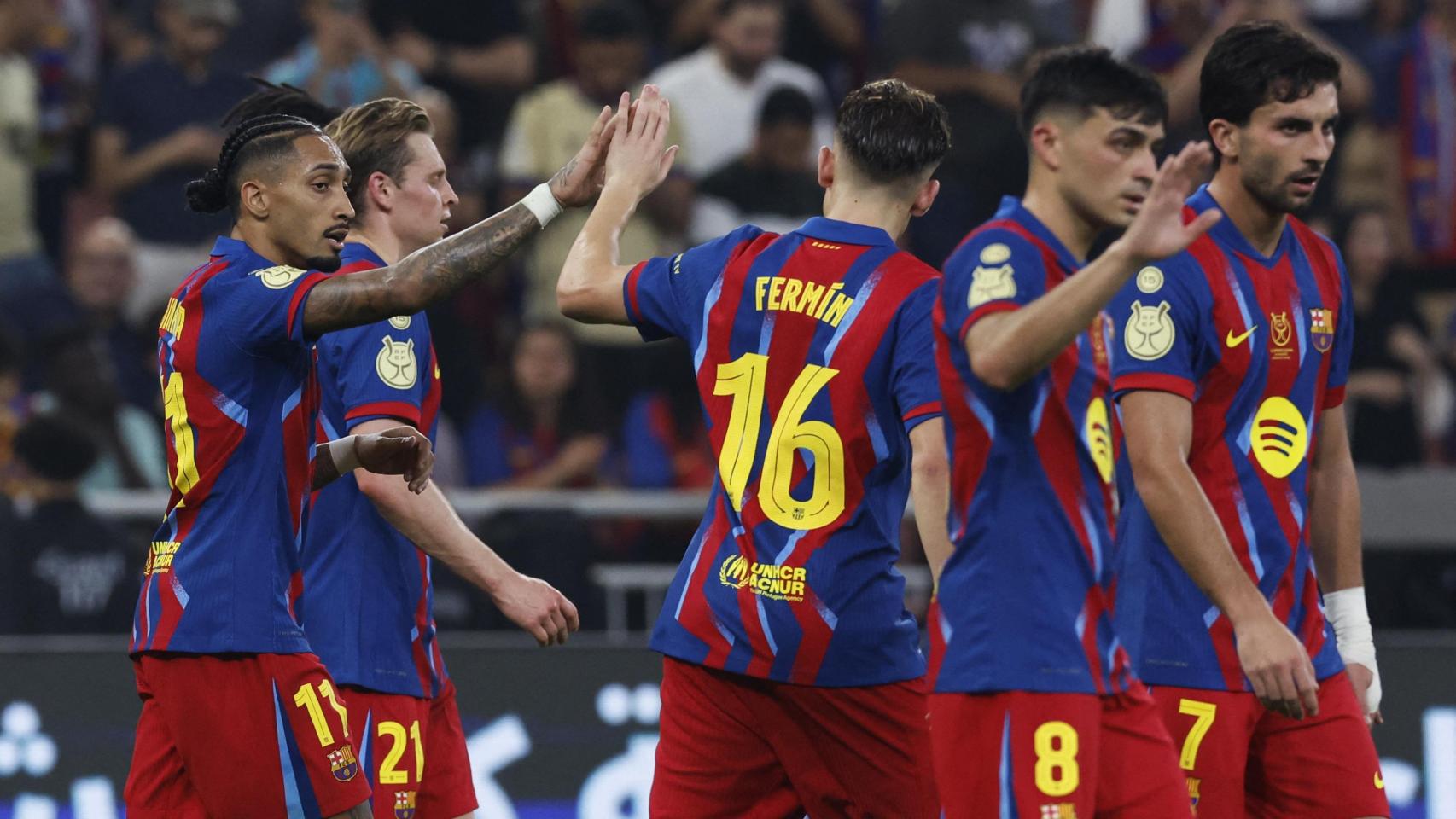 Los jugadores del Barça celebran un gol contra el Athletic.
