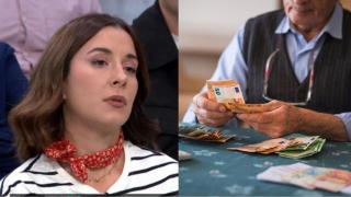 Imagen de Paloma Martín y un jubilado contando dinero.