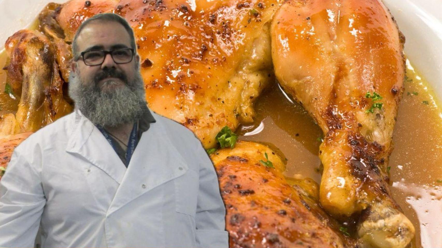 Fray Ángel junto a un guiso de pollo.