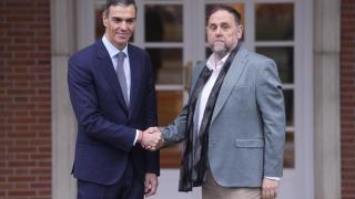 El presidente del Gobierno, Pedro Sánchez, recibe al líder de ERC, Oriol Junqueras, este jueves en la Moncloa.