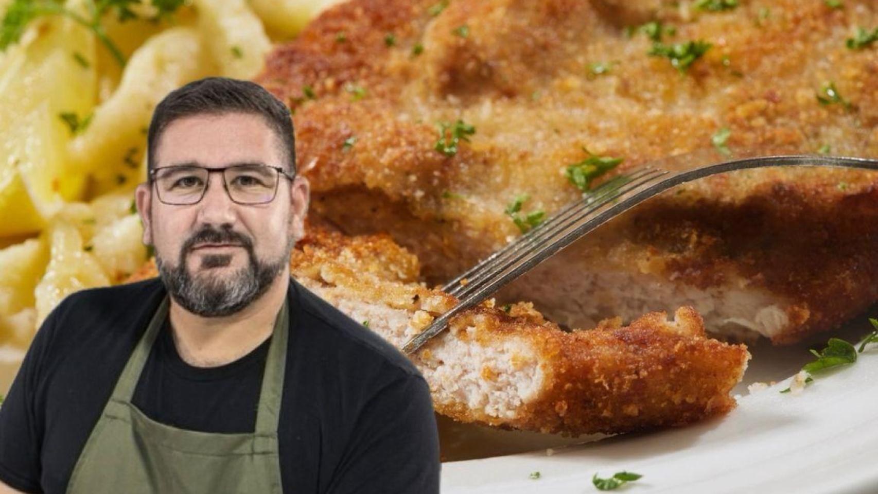 Dani García junto a un filete empanado.