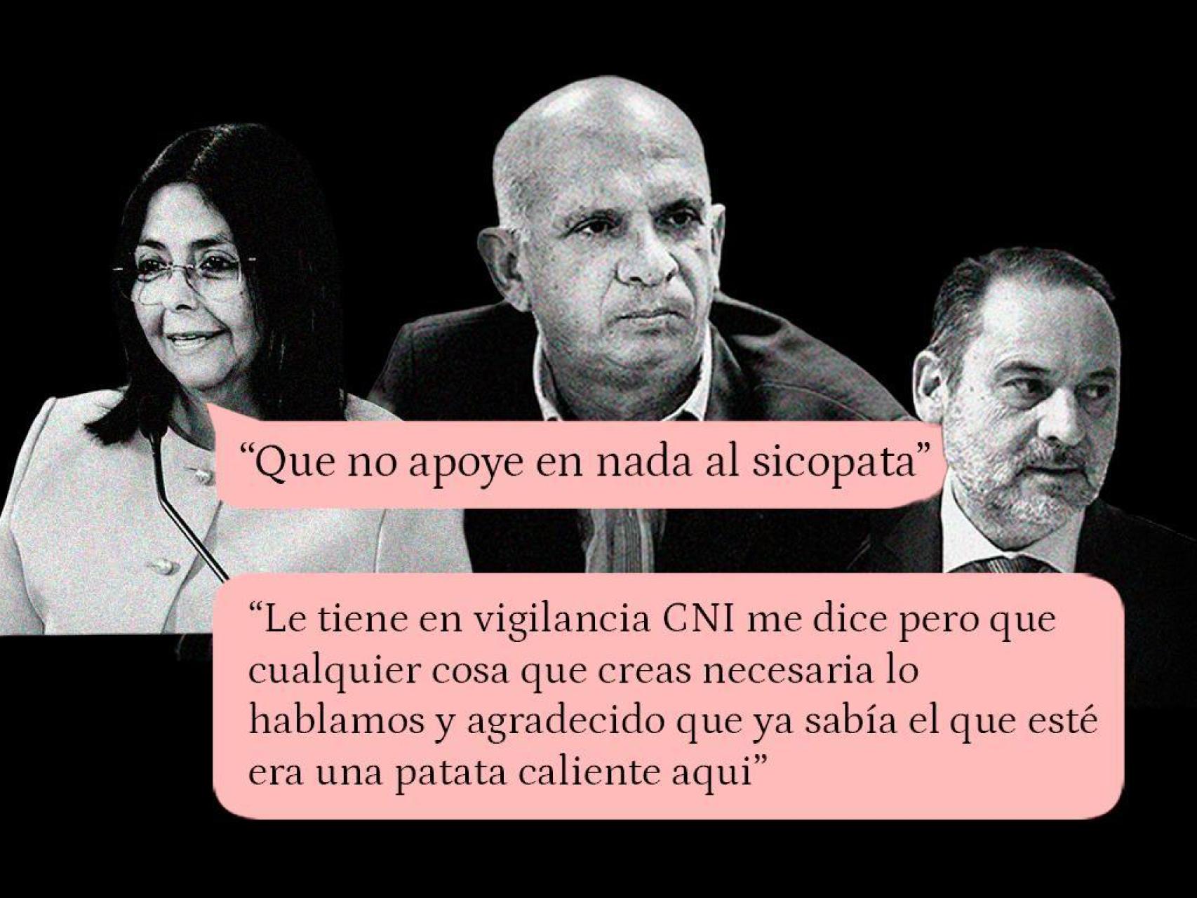 Delcy Rodríguez, Hugo Armando 'El Pollo' Carvajal y José Luis Ábalos junto a la conversación de la entonces vicepresidenta de Venezuela con Víctor de Aldama.