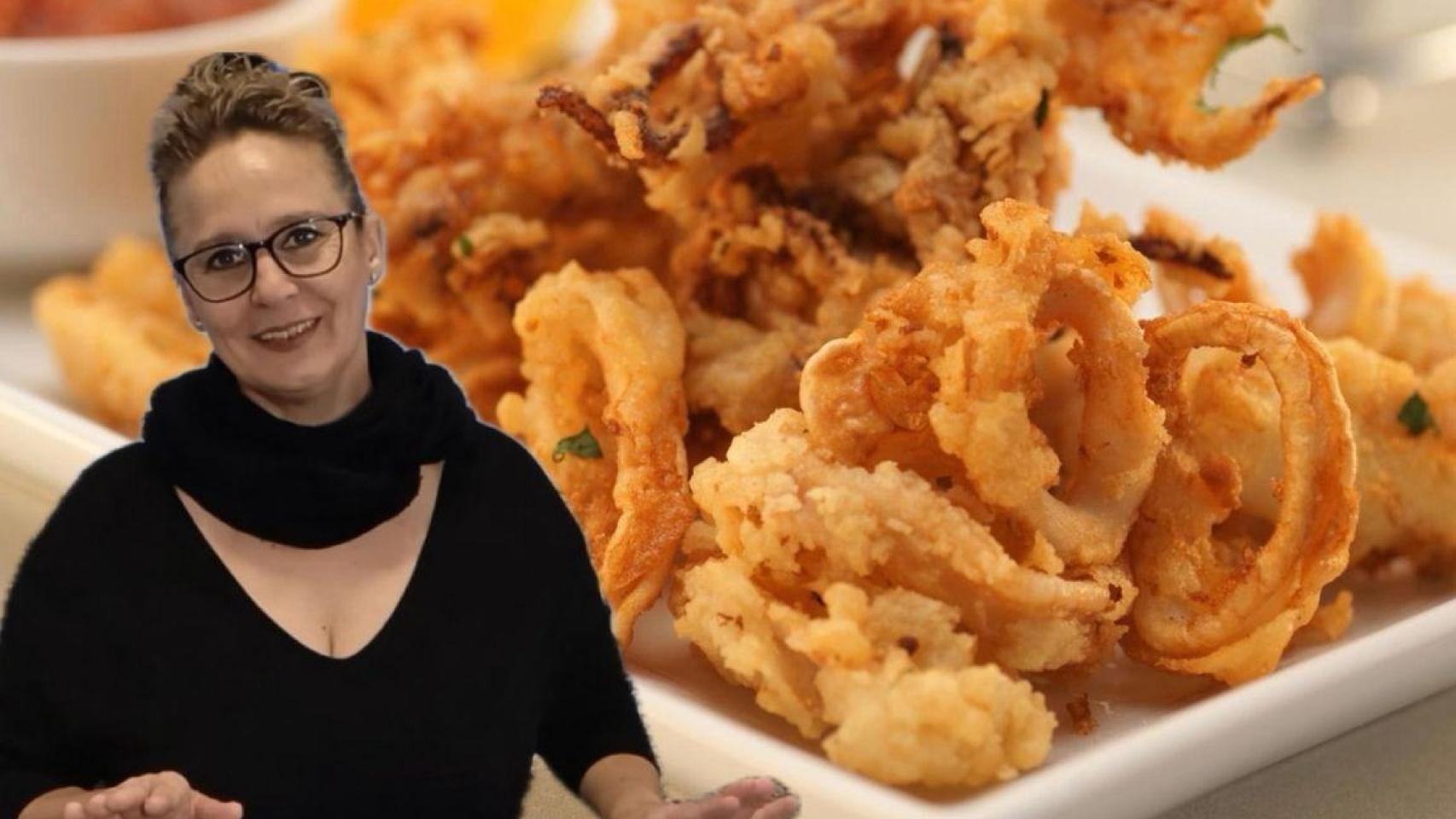 Isabel junto a unos calamares fritos.