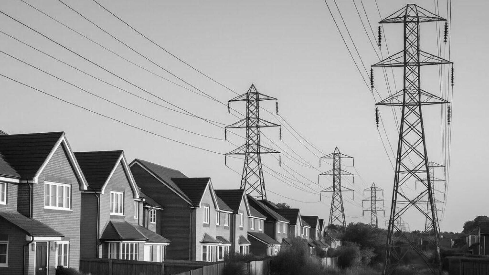 Redes eléctricas de alta tensión a su paso por un área de viviendas.