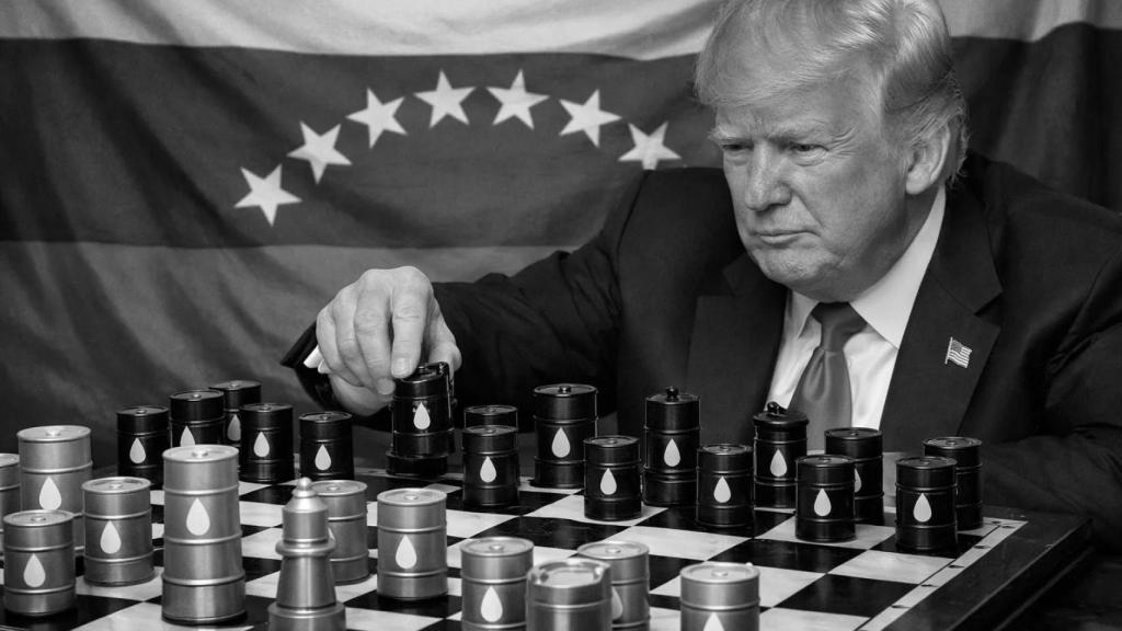 Fotomontaje del presidente de EEUU, Donald Trump, en un tablero de ajedrez con barriles de petróleo y al fondo la bandera de Venezuela.