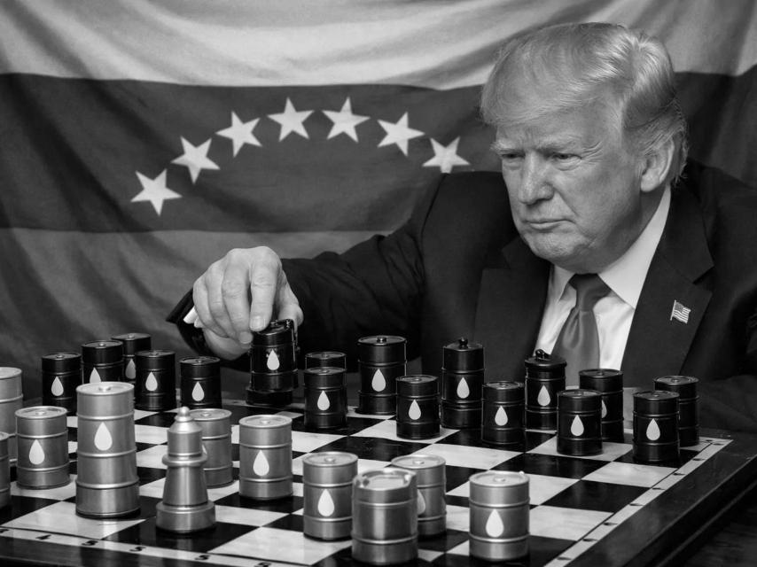 Fotomontaje del presidente de EEUU, Donald Trump, frente a un tablero de ajedrez con barriles de petróleo y, al fondo, la bandera de Venezuela.