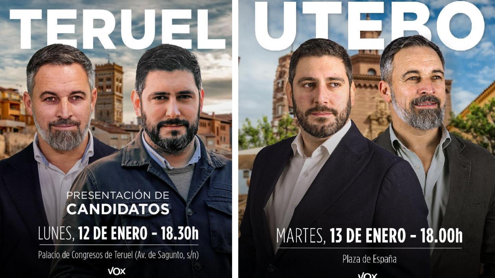 Carteles de las primeras visitas de Abascal a Aragón por el 8-F.