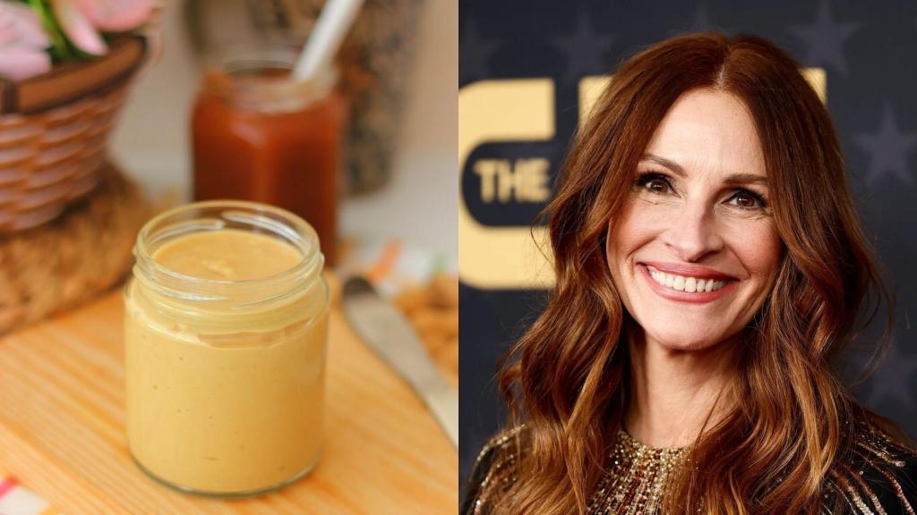 La actriz Julia Roberts junto a un bote de crema de cacahuete y otro de mermelada