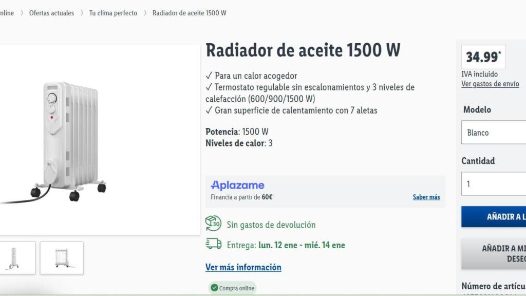 Radiador de aceite 1500 W.