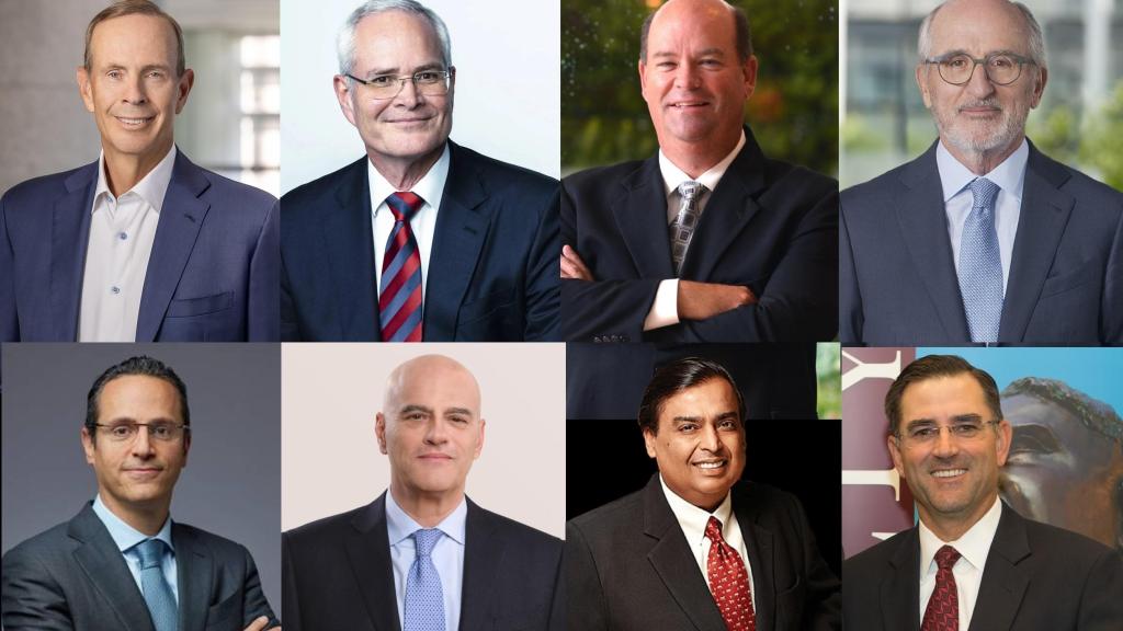 De izda. a dcha. y de arriba a abajo: Mike Wirth, CEO de Chevron, Darren Woods, CEO de Chevron, Ryan Lance, CEO de ConocoPhillips, Antonio Brufau, presidente de Repsol, De izda. a dcha. y de arriba a abajo: Mike Wirth, CEO de Chevron, Darren Woods, CEO de Chevron, Ryan Lance, CEO de ConocoPhillips, Antonio Brufau, presidente de Repsol, Wael Sawan, CEO de Shell, Claudio Descalzi, CEO de Eni, Mukesh Ambani, presidente y CEO de Reliance Industries, y Jeff Miller, presidente y CEO de Halliburton.
