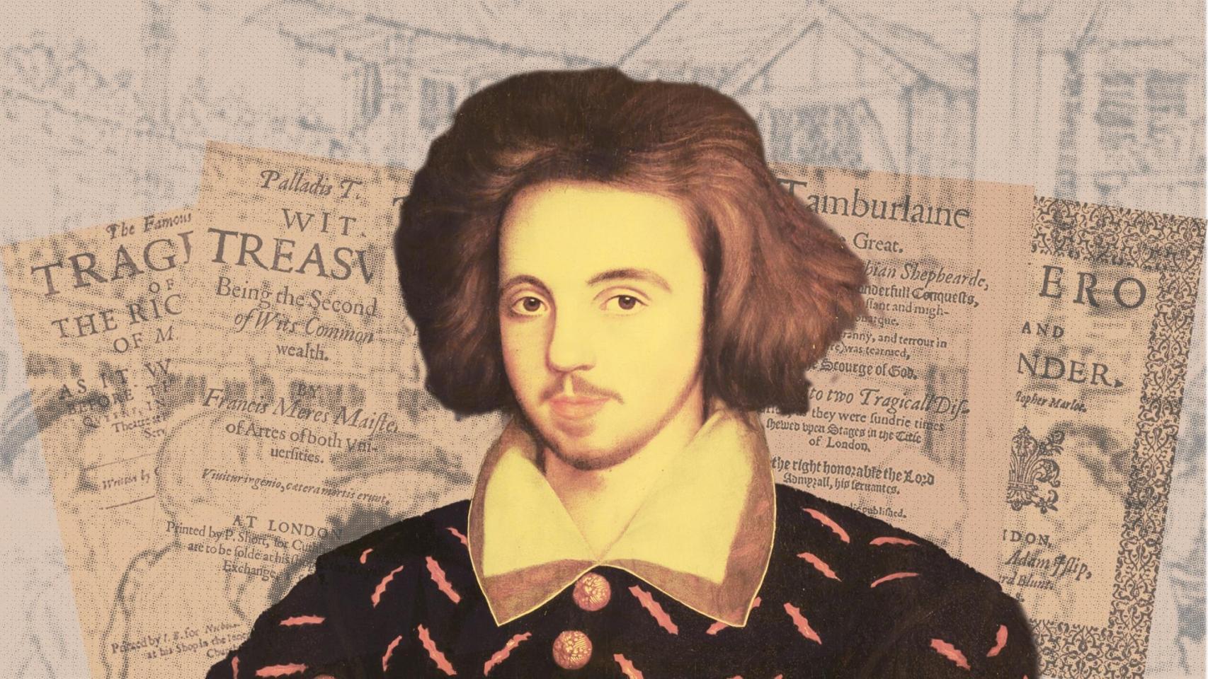 Posible retrato de Christopher Marlowe, de 1585, en el Corpus Christi College de Cambridge. Al fondo, algunas de sus obras. Diseño: Rubén Vique