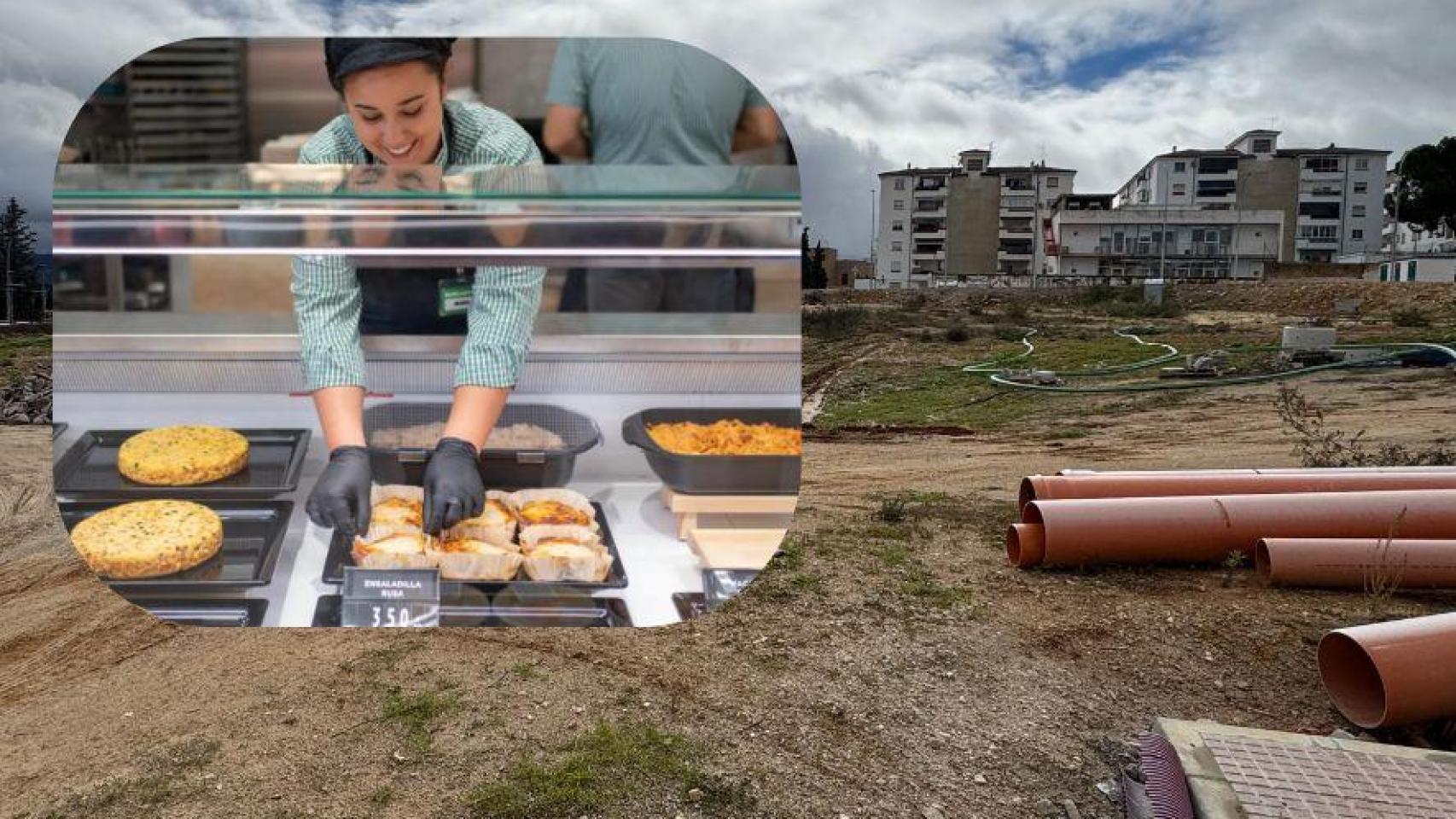 La parcela donde irá el Mercadona y una trabajadora en un súper.