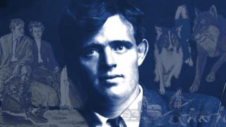 Jack London, fotografiado entre 1906 y 1916, junto a ilustraciones de 'Martin Eden', 'El lobo de mar', 'Colmillo blanco' y 'La llamada de lo salvaje'. Diseño: Rubén Vique