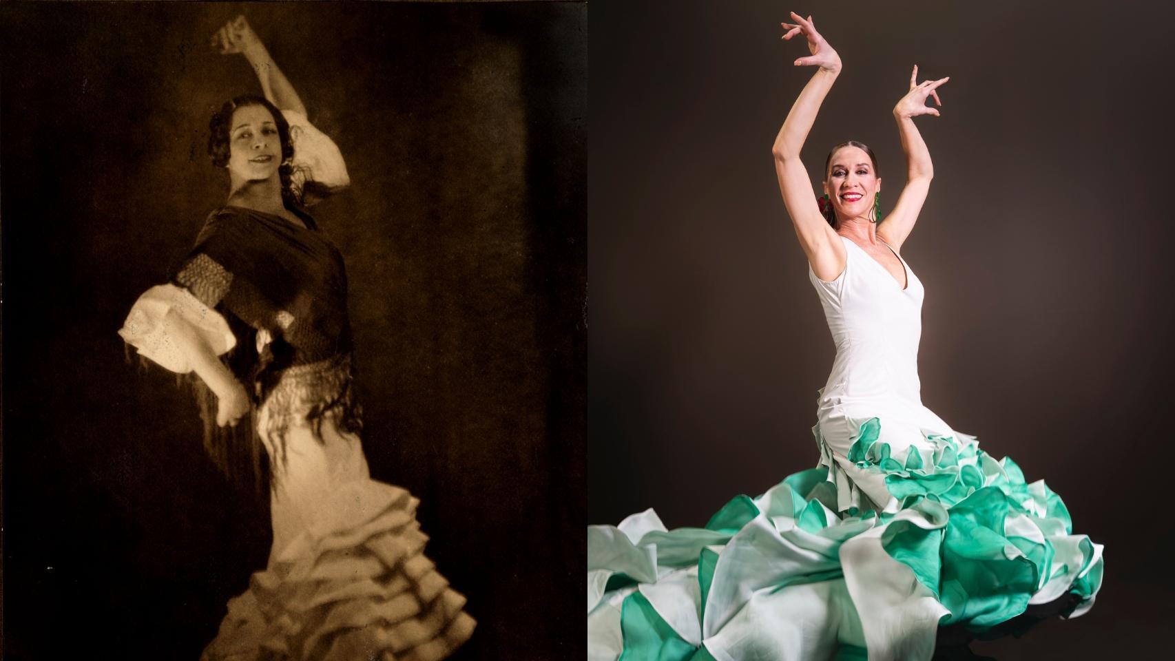 Antonia Mercé 'la Argentina', en 1923. Foto: F. J. M. A la dcha., la bailaora Helena Martín, vestida por Yaiza Pinillos. Foto: Dolores Iglesias