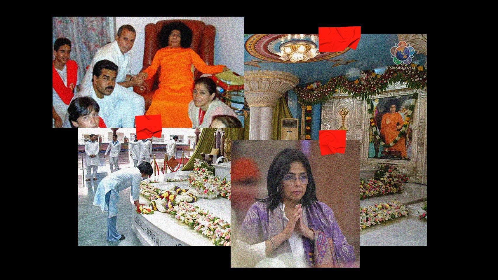 En la izquierda superior, un Nicolás Maduro de 43 años visita a Sathya Sai Baba junto a Cilia Flores; en el centro, Delcy Rodríguez durante su última visita a la ciudad de Puttaparthi.