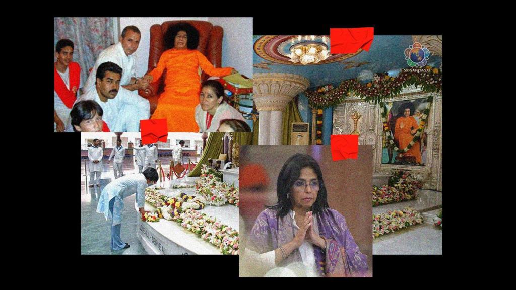 En la izquierda superior, un Nicolás Maduro de 43 años visita a Sathya Sai Baba junto a Cilia Flores; en el centro, Delcy Rodríguez durante su última visita a la ciudad de Puttaparthi.