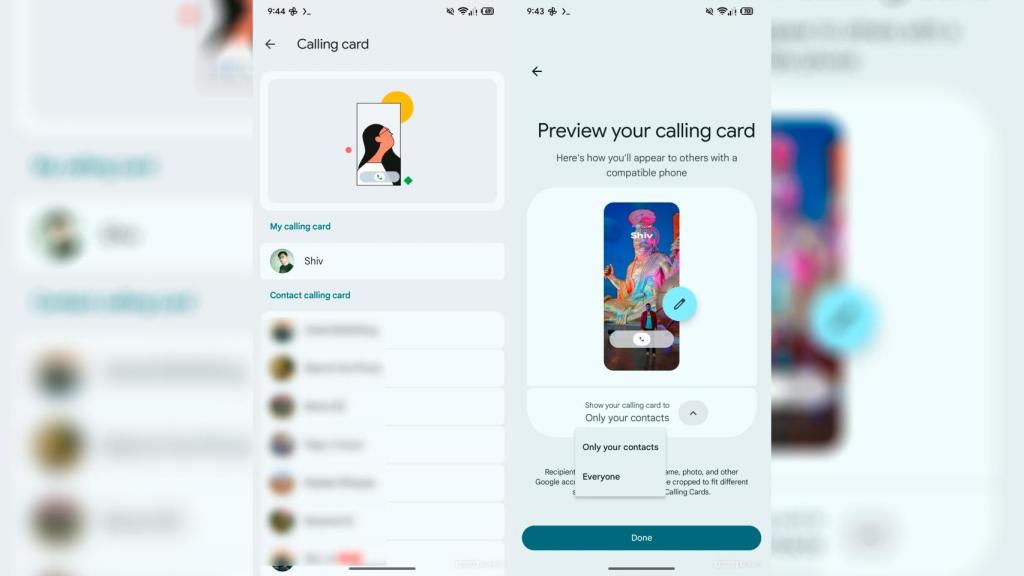 Imágenes de la configuración de Tarjetas de Contacto en Android