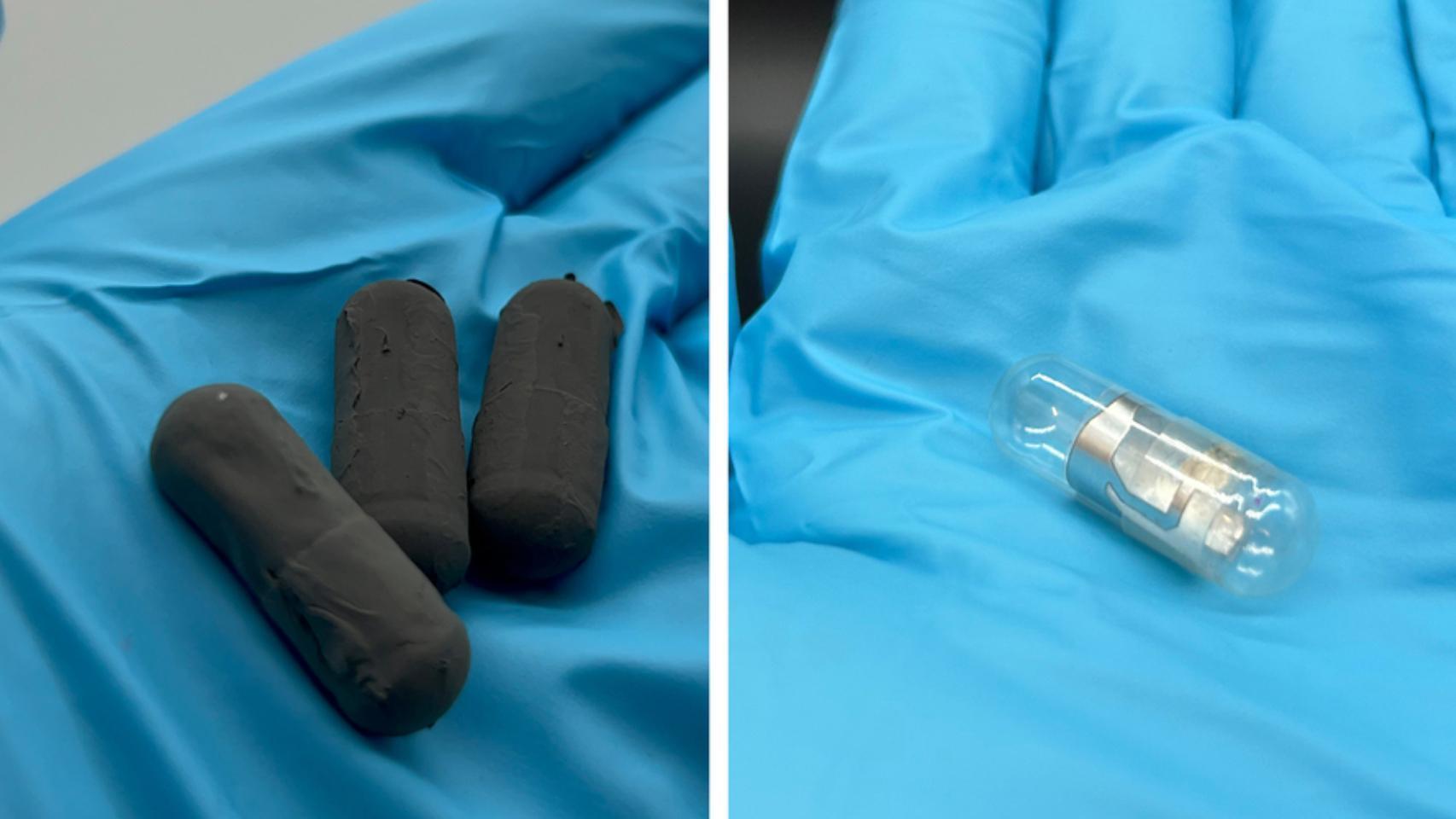 Las cápsulas inteligentes recubiertas de gelatina (izqda) y la cápsula sin recubrir (derecha).