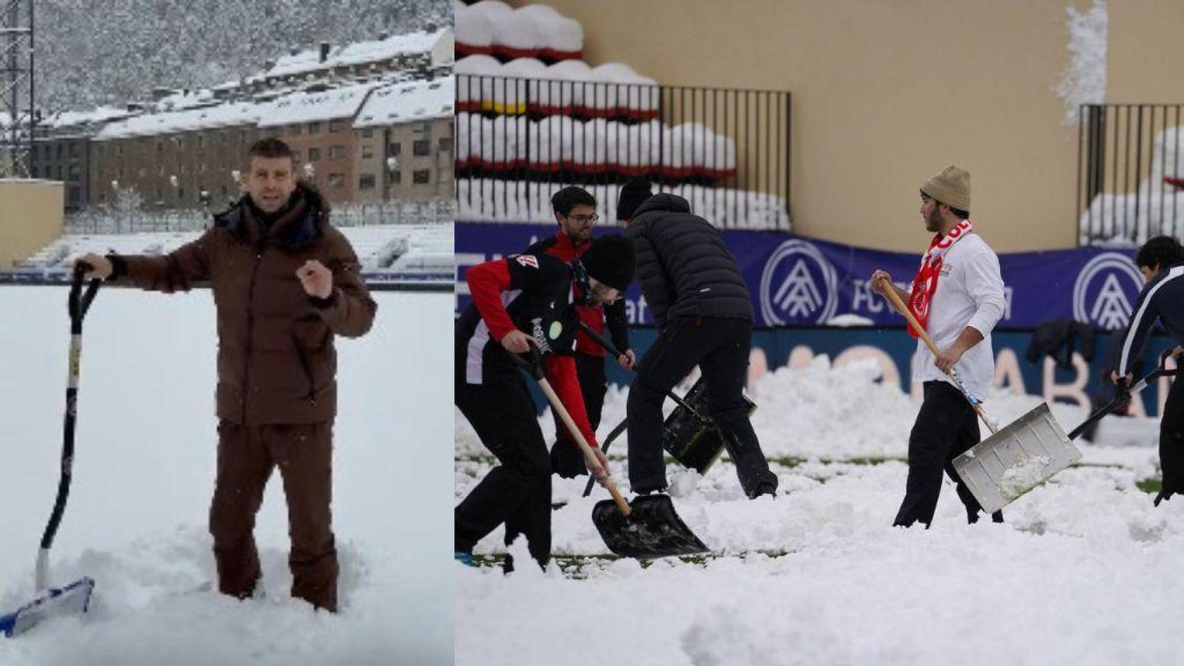 Piqué hace un llamamiento a quitar nieve del estadio del Andorra para jugar contra la Cultural Leonesa y esto es lo que ocurre