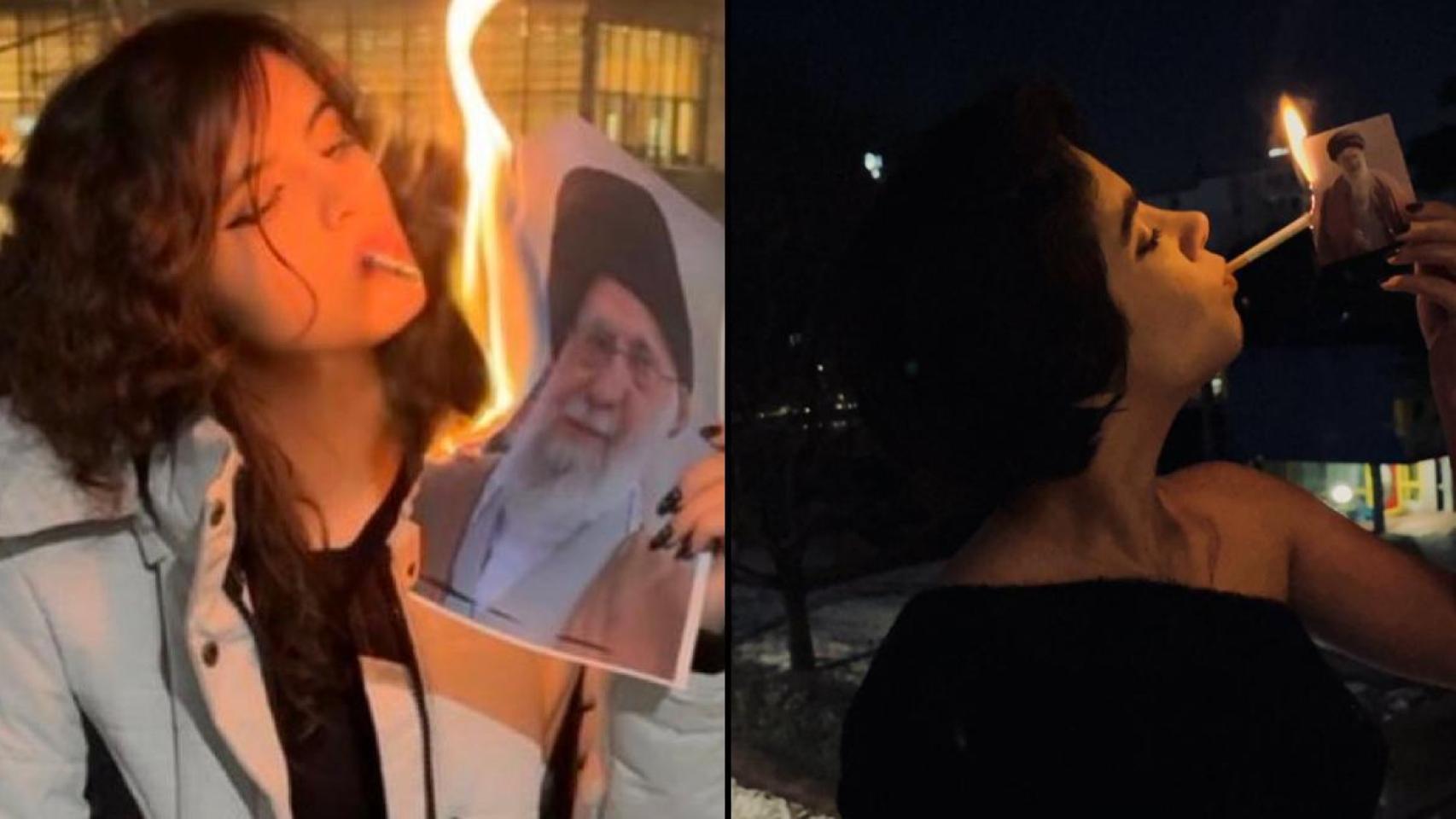 Dos mujeres en Teherán (Irán) queman la imagen del líder supremo, el ayatolá Alí Jamenei, en medio de las protestas.