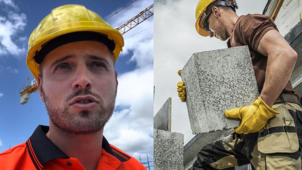 Montaje con una imagen de Carlos y una imagen de archivo de un albañil.