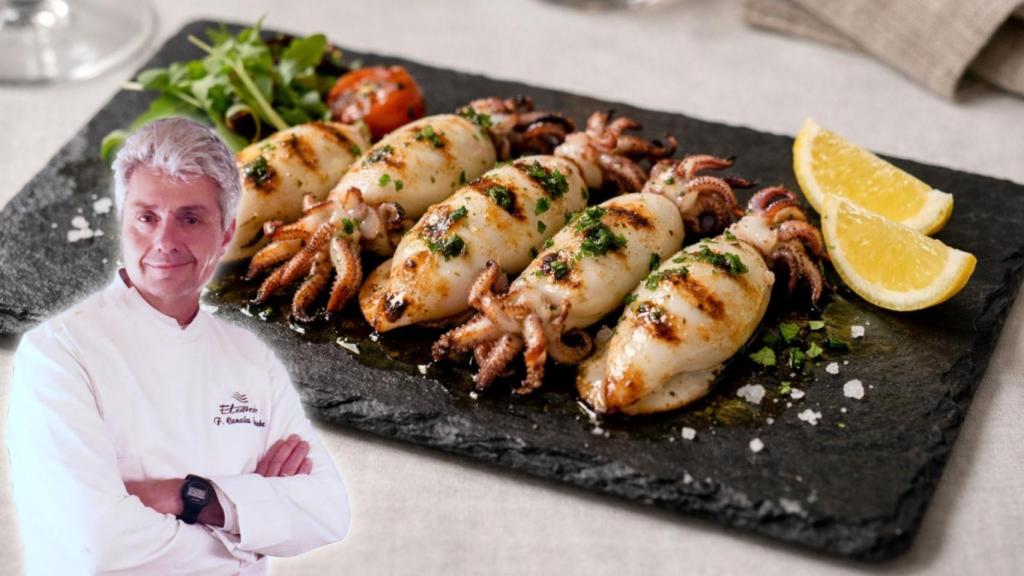 El chef Fernando Canales y unos calamares en un montaje de El Español