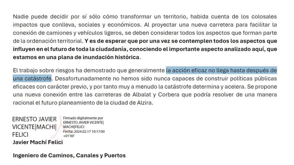 Extracto de la carta remitida a Alzira y Algemesí por parte de Javier Machi. EE