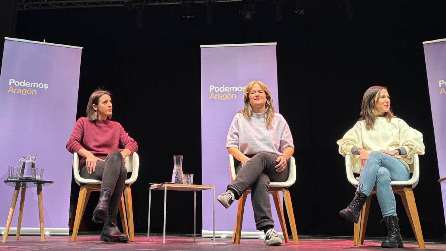 Irene Montero, María Goikoetxea e Ione Belarra este domingo en Zaragoza