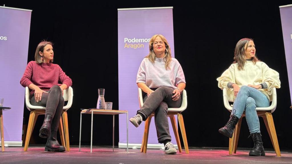 Irene Montero, María Goikoetxea e Ione Belarra este domingo en Zaragoza