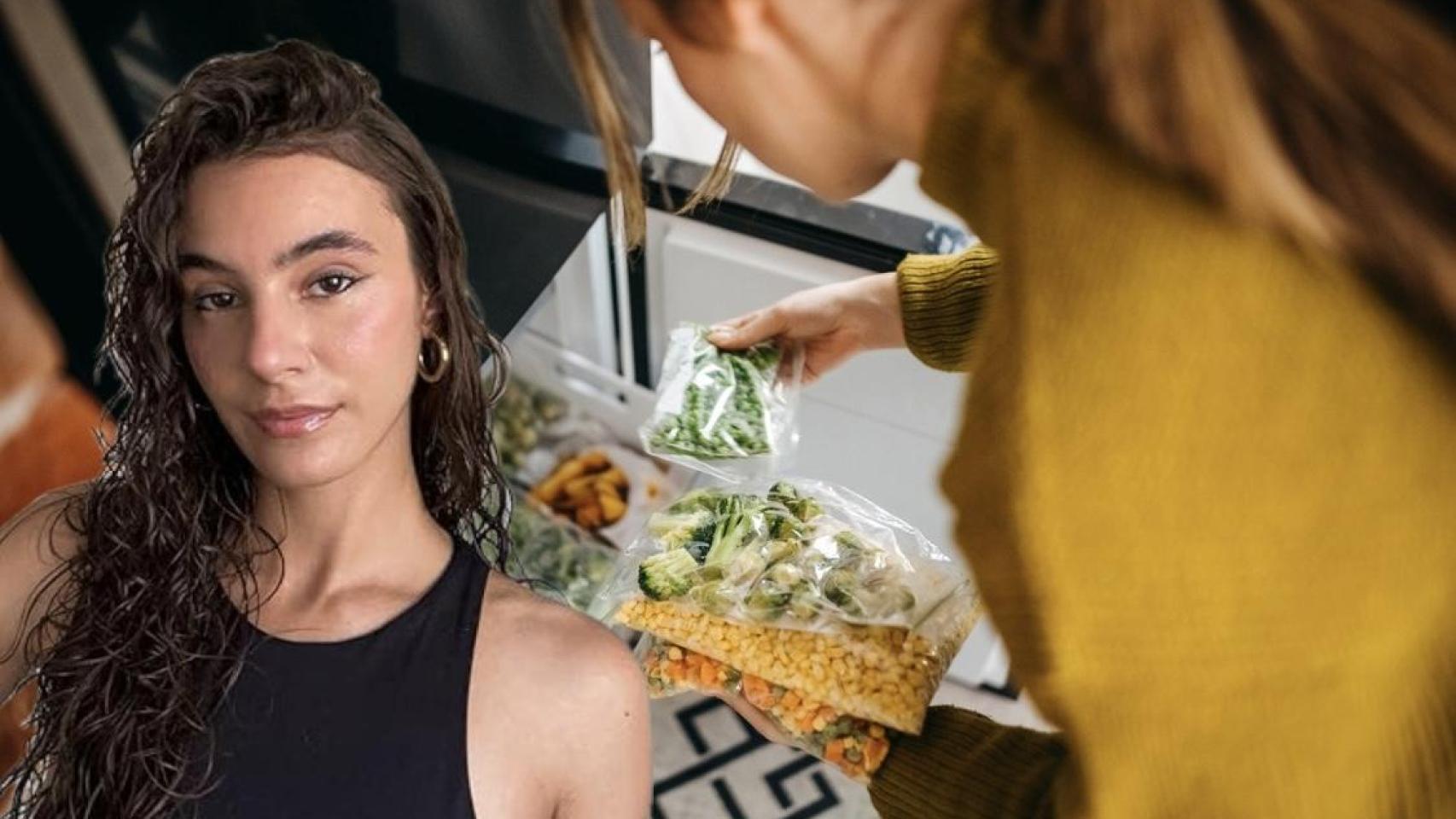 Erica Avellaneda y una mujer guardando alimentos en el congelador.
