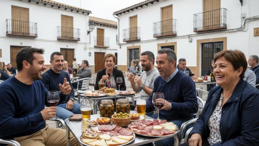 Un grupo de personas en una terraza de un bar. Imagen creada con IA.