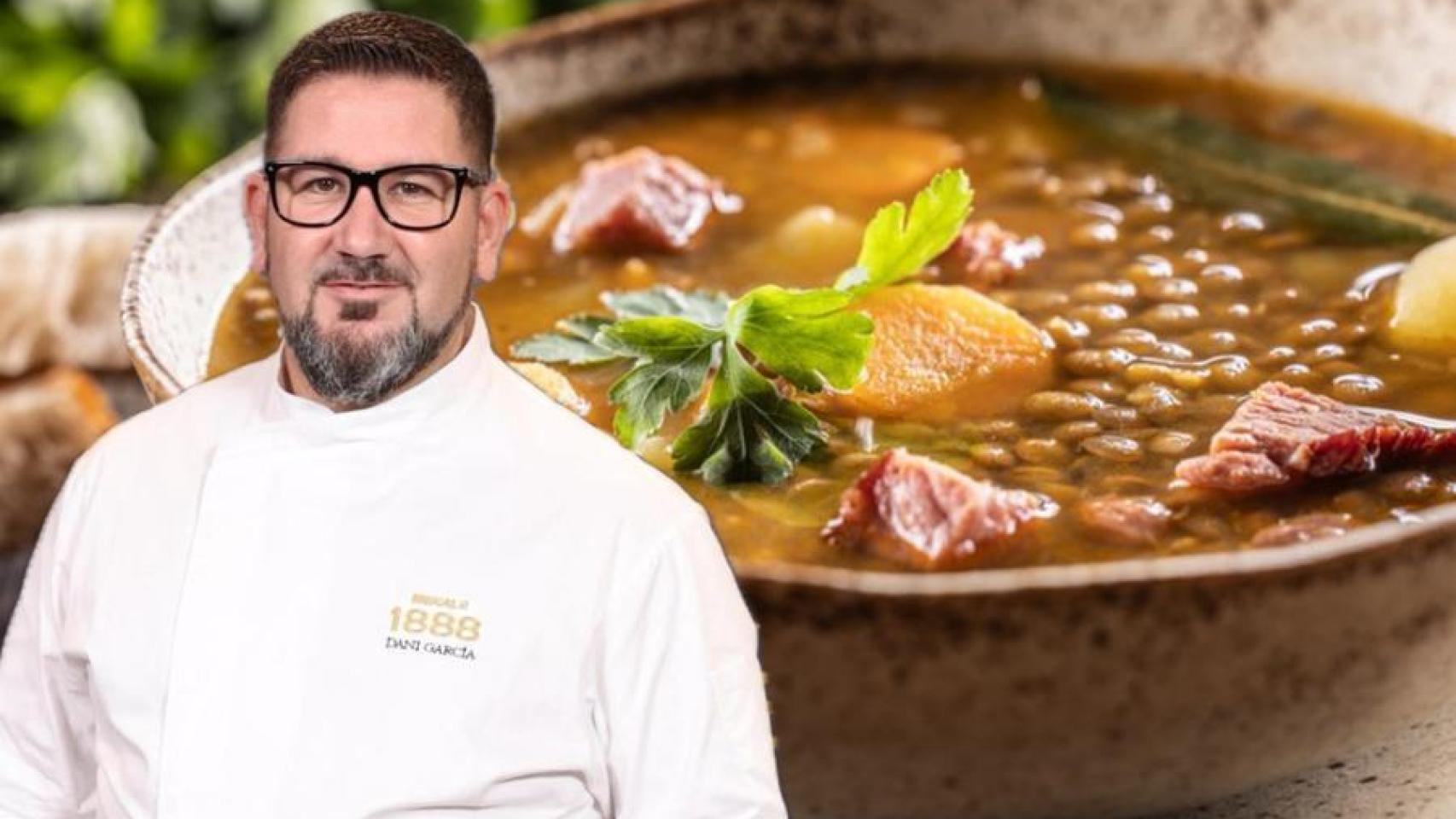 Dani García junto a un plato de lentejas.