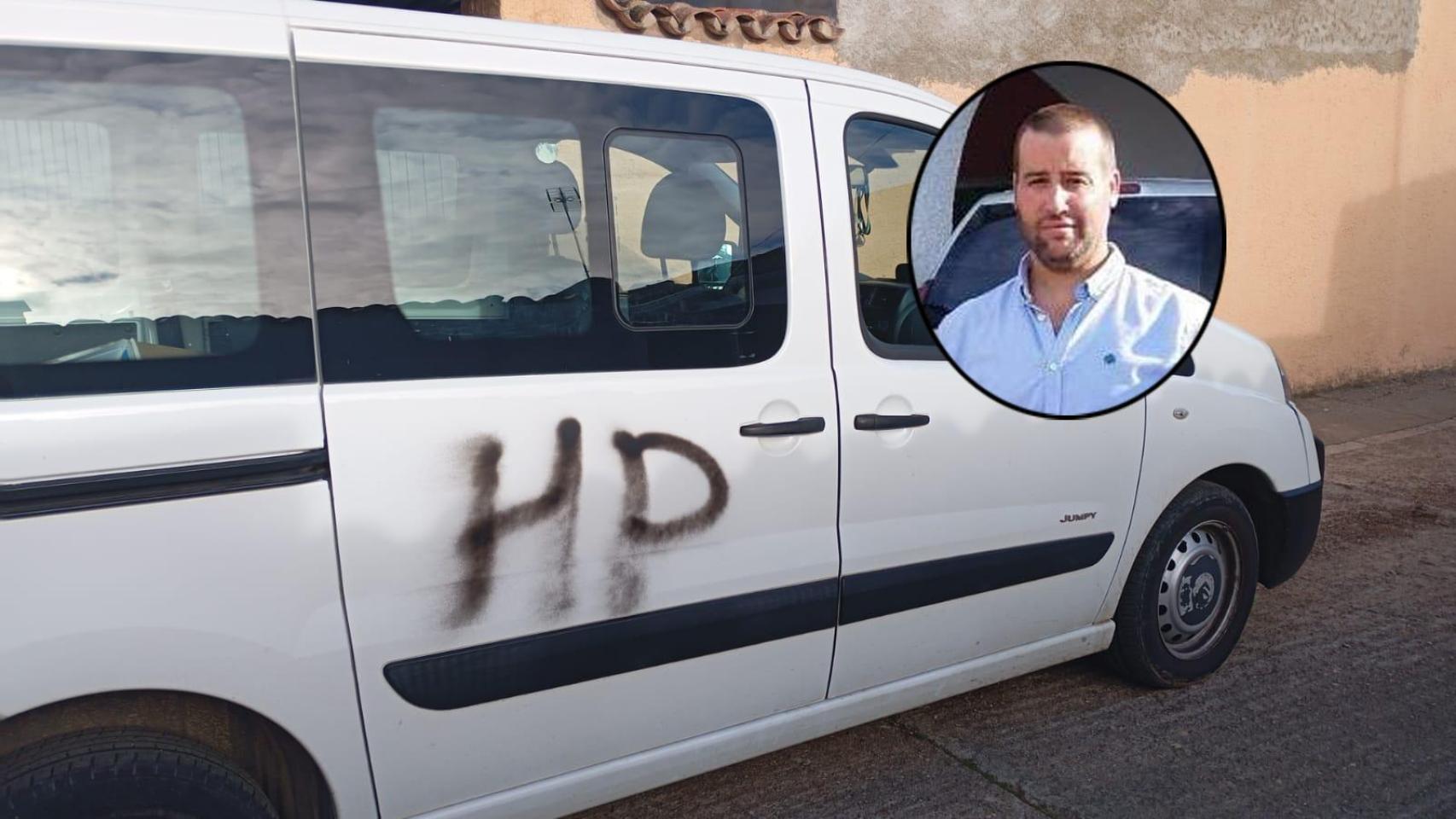 Montaje de EL ESPAÑOL con el coche vandalizado de Manuel