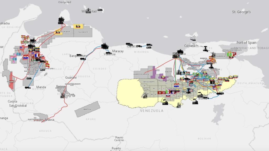 Mapa dos diversos países localizados nas áreas de produção de hidrocarbonetos da Venezuela.