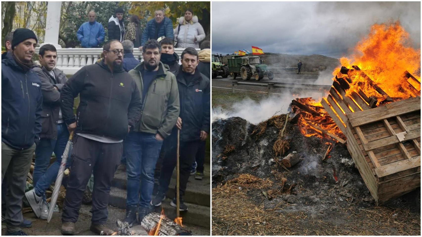 Óscar Joga, en el centro junto a otros compañeros. A la derecha, una barricada en la A-52 este pasado lunes.