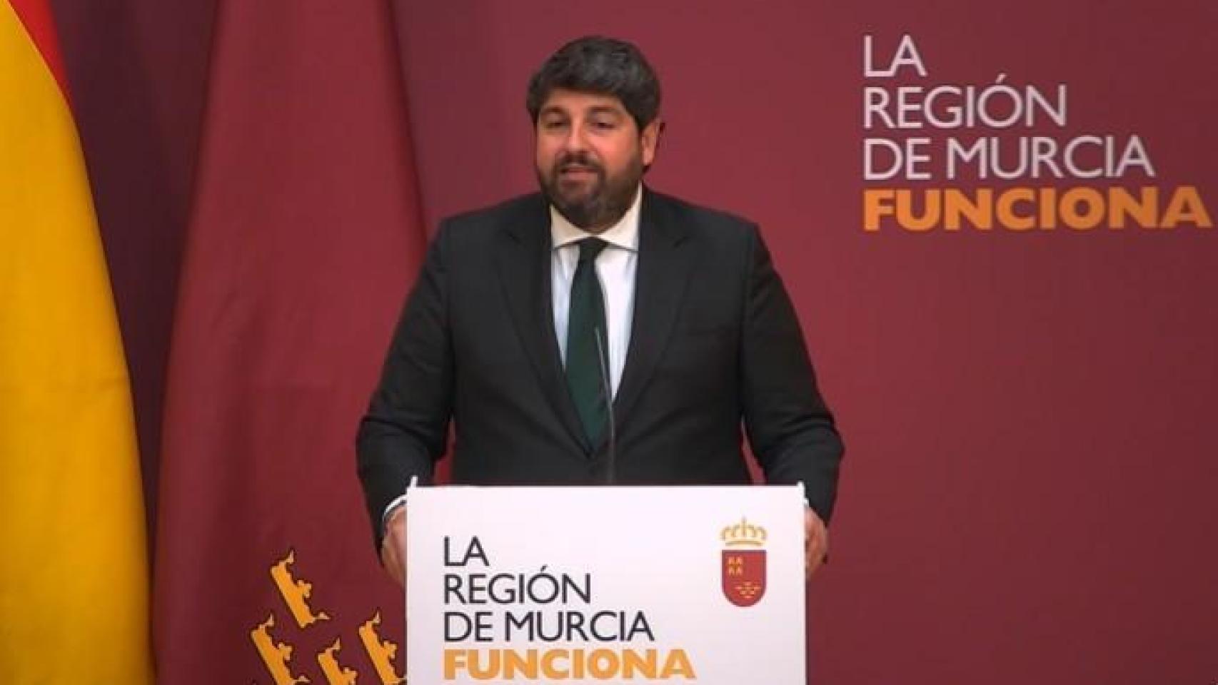 López Miras, este lunes, en su comparecencia en el Palacio de San Esteban.